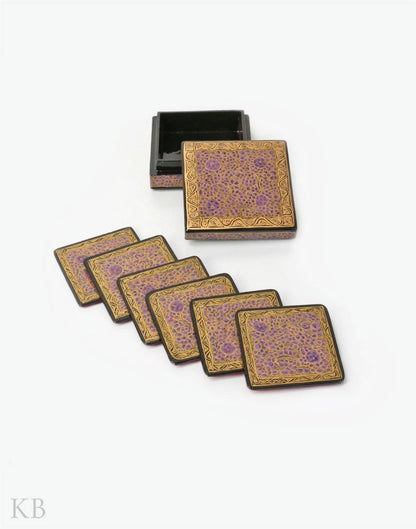 Purple Flowery Square Paper Mache Coaster Set - Kashmir Box