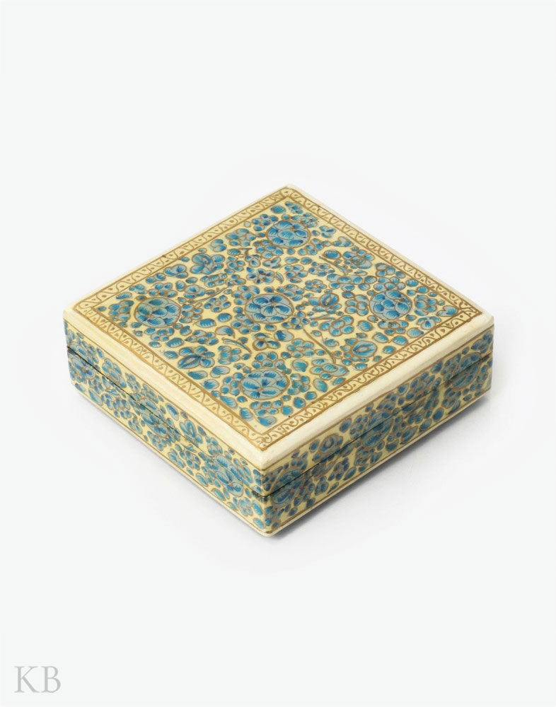 Sky Blue Flowery Square Paper Mache Coaster Set - Kashmir Box