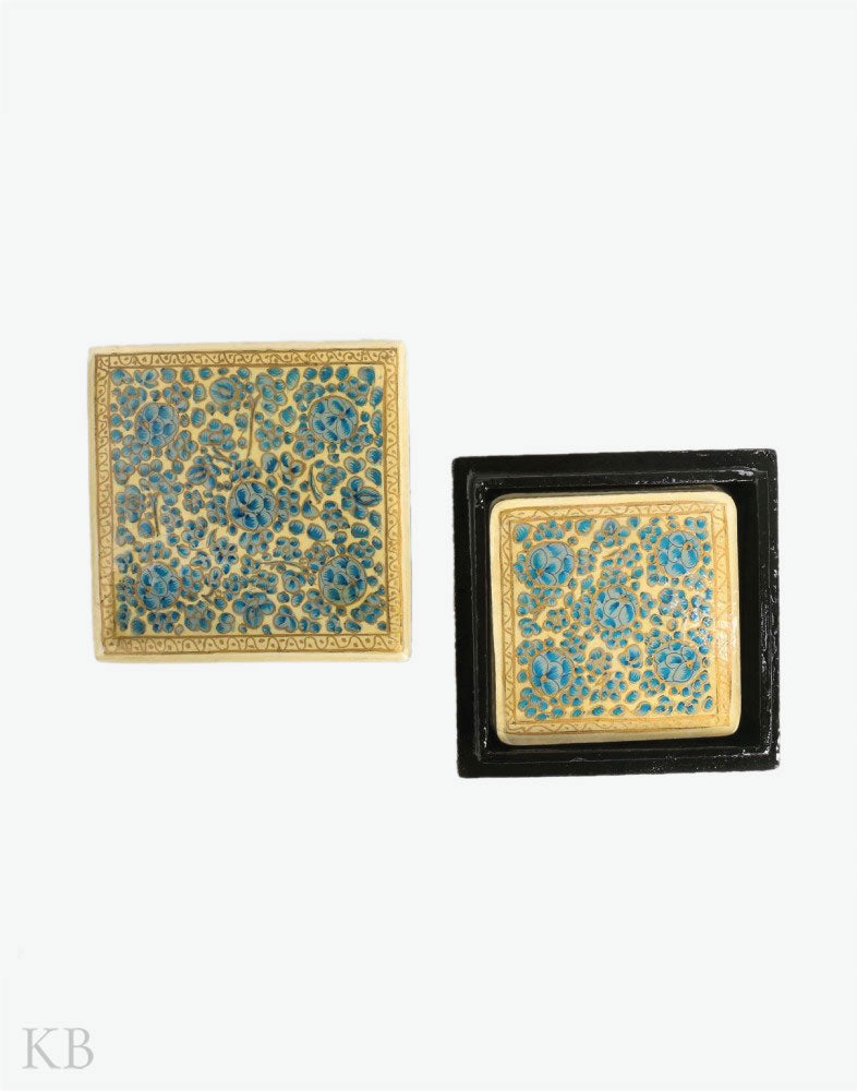 Sky Blue Flowery Square Paper Mache Coaster Set - Kashmir Box