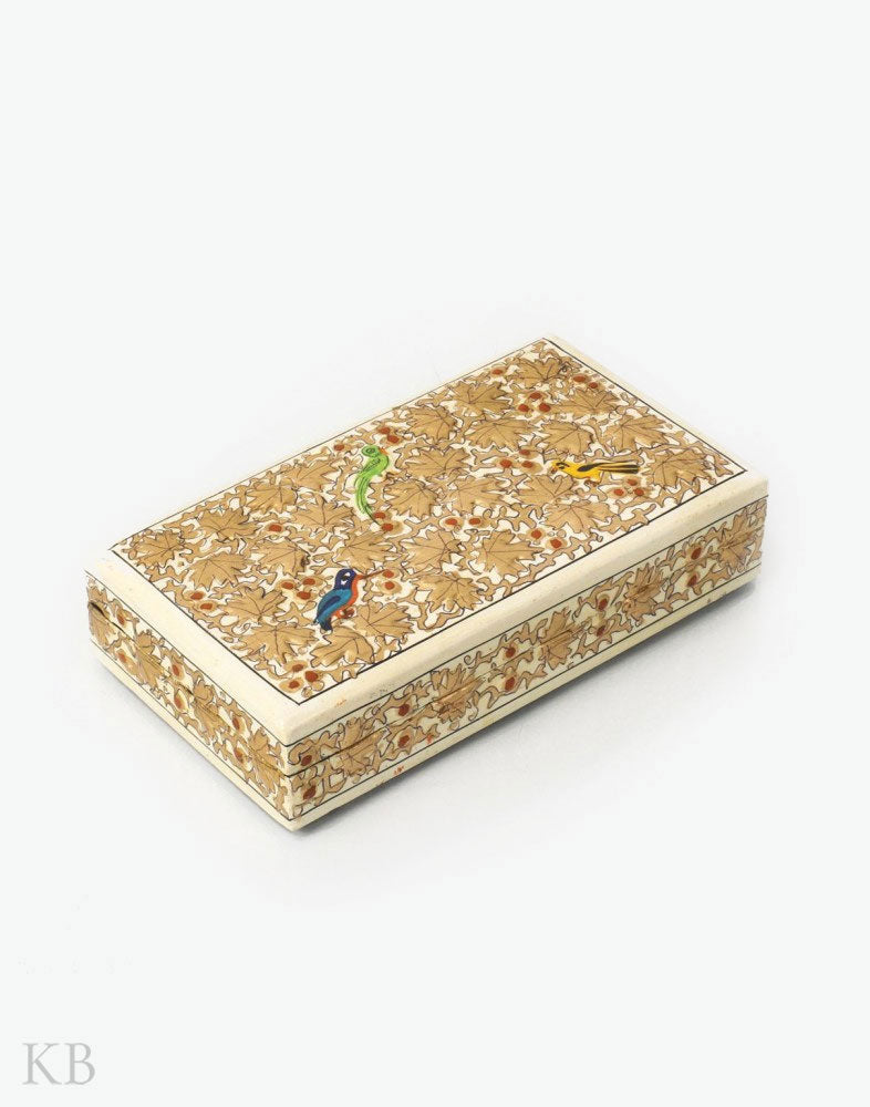 Cream White Three Sparrow Handmade Paper Mache Box - Kashmir Box