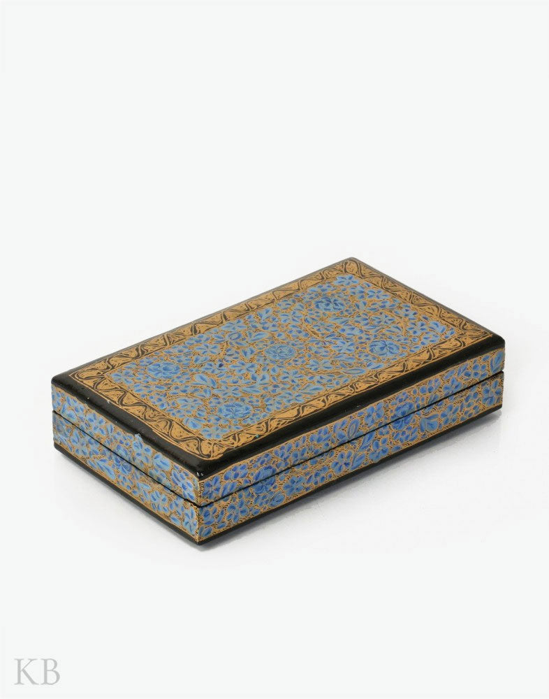 Blue Ruby Flower Handmade Paper Mache Flat Box - Kashmir Box
