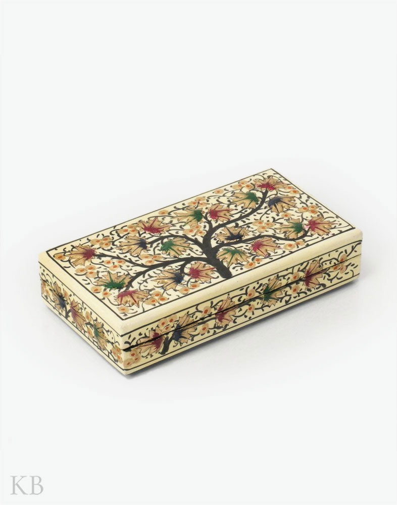 Cream White Chinar Motif Handmade Paper Mache Gift Box - Kashmir Box