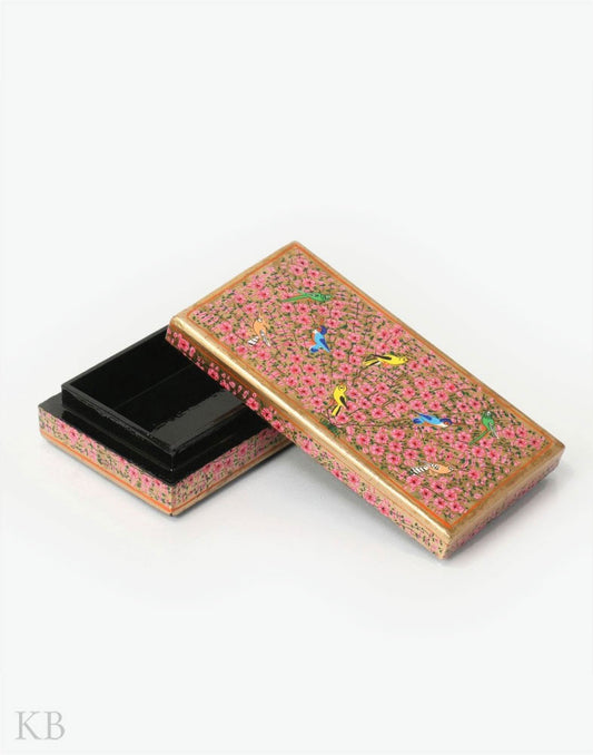 Pink Floret Eight Bird Handmade Paper Mache Flat Box - Kashmir Box