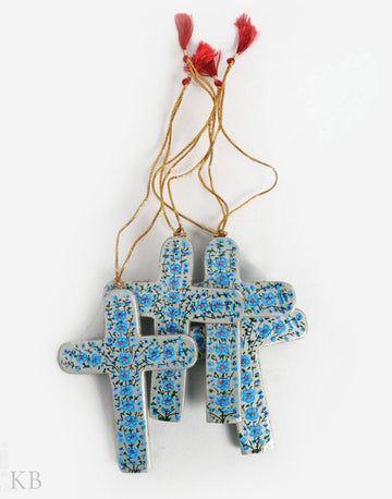 Blue Floret Paper Mache Latin Cross (Set of 4) - Kashmir Box