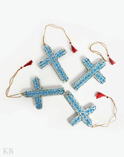 Blue Floret Paper Mache Latin Cross (Set of 4) - Kashmir Box