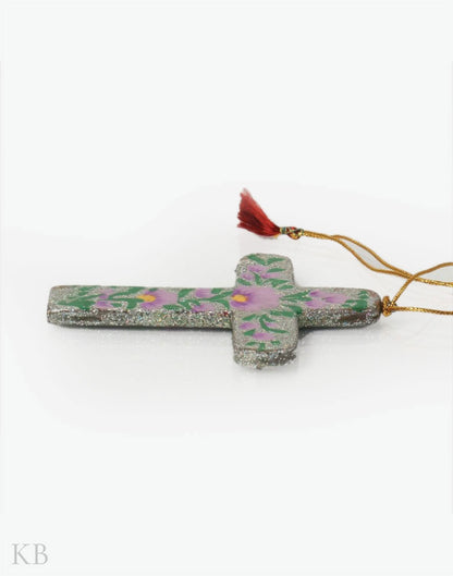 Glittery Silver Flowery Paper Mache Latin Cross (Set of 4) - Kashmir Box