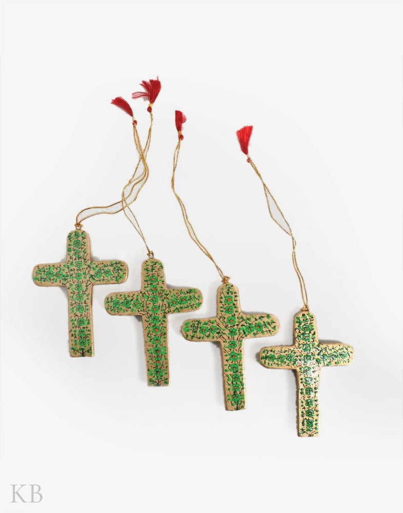 Green Flower Paper Mache Latin Cross (Set of 4) - Kashmir Box