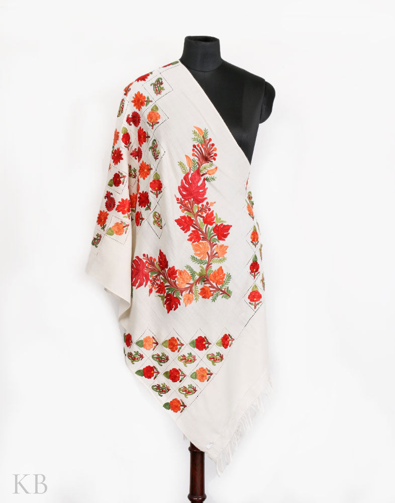 Chinar White Aari Embroidered Woolen Stole - Kashmir Box