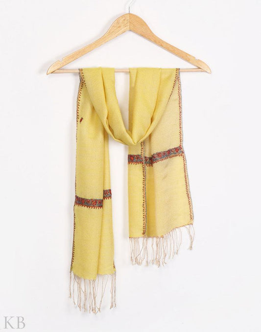 Yellow Hand Embroidered Unisex Woolen Scarf - Kashmir Box