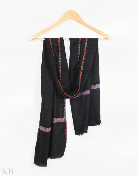 Black Hand Embroidered Unisex Woolen Scarf - Kashmir Box