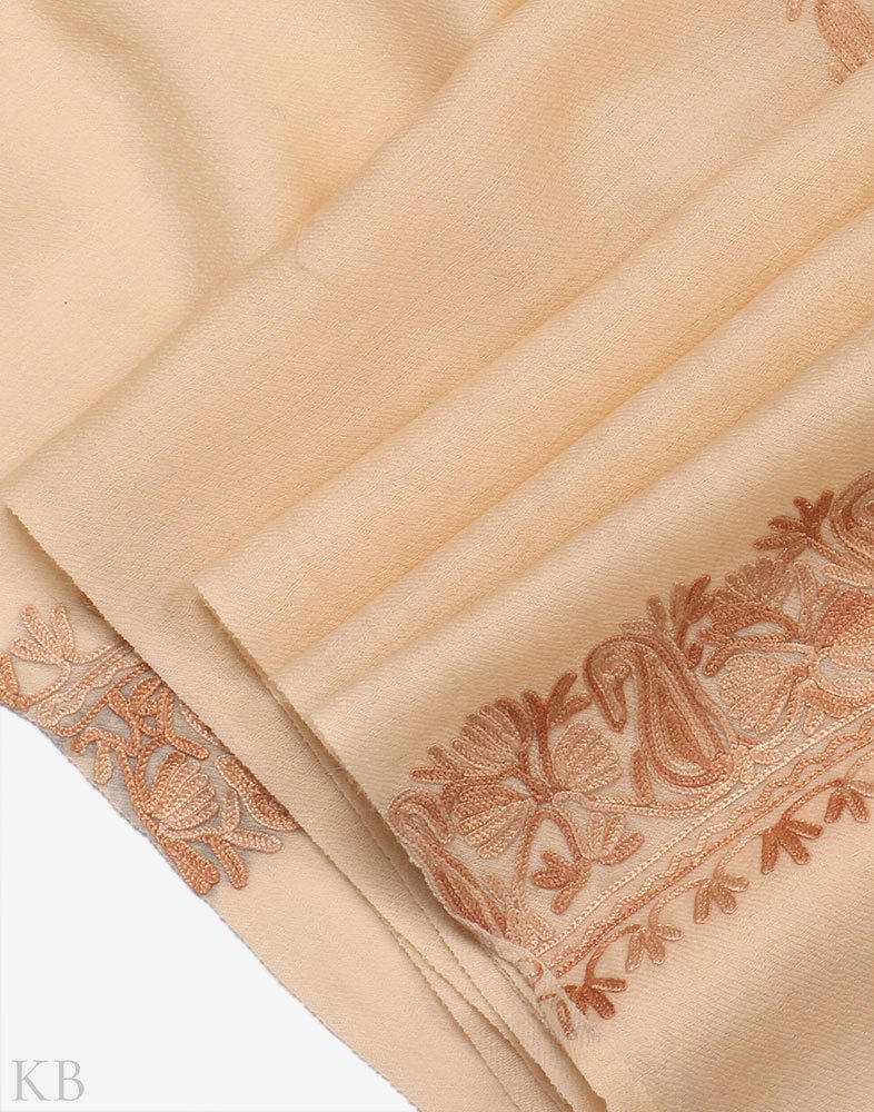 Creamy Aari Embroidered Unisex Woolen Scarf - Kashmir Box