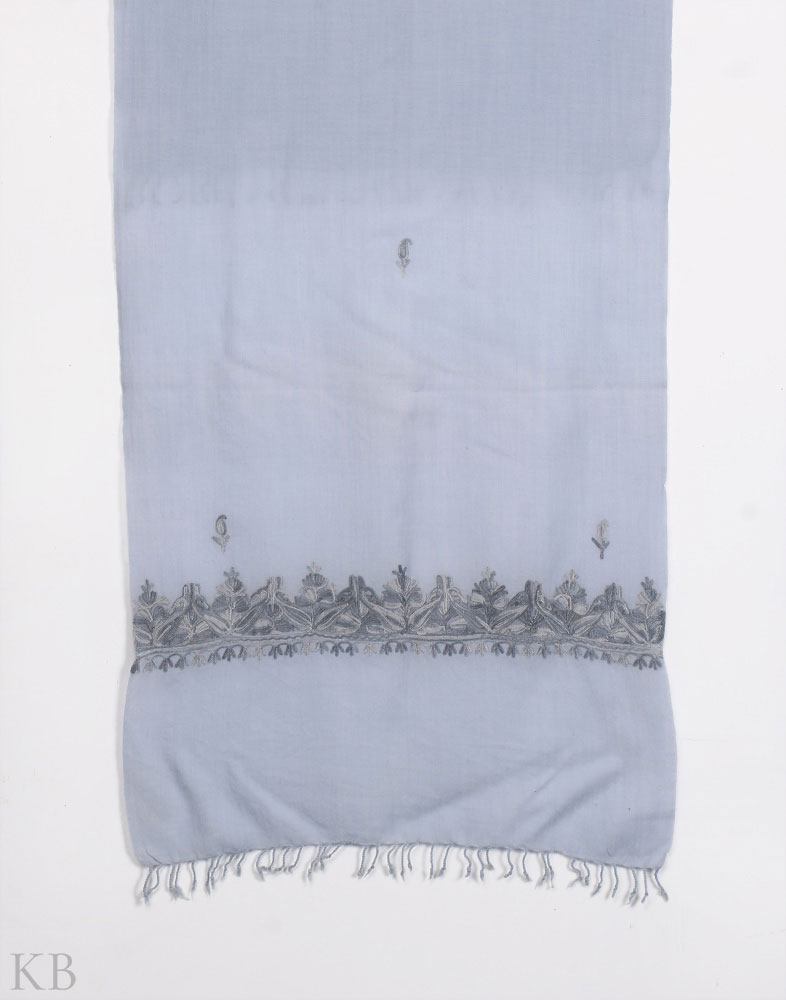 Stone Blue Aari Embroidered Unisex Woolen Scarf - Kashmir Box